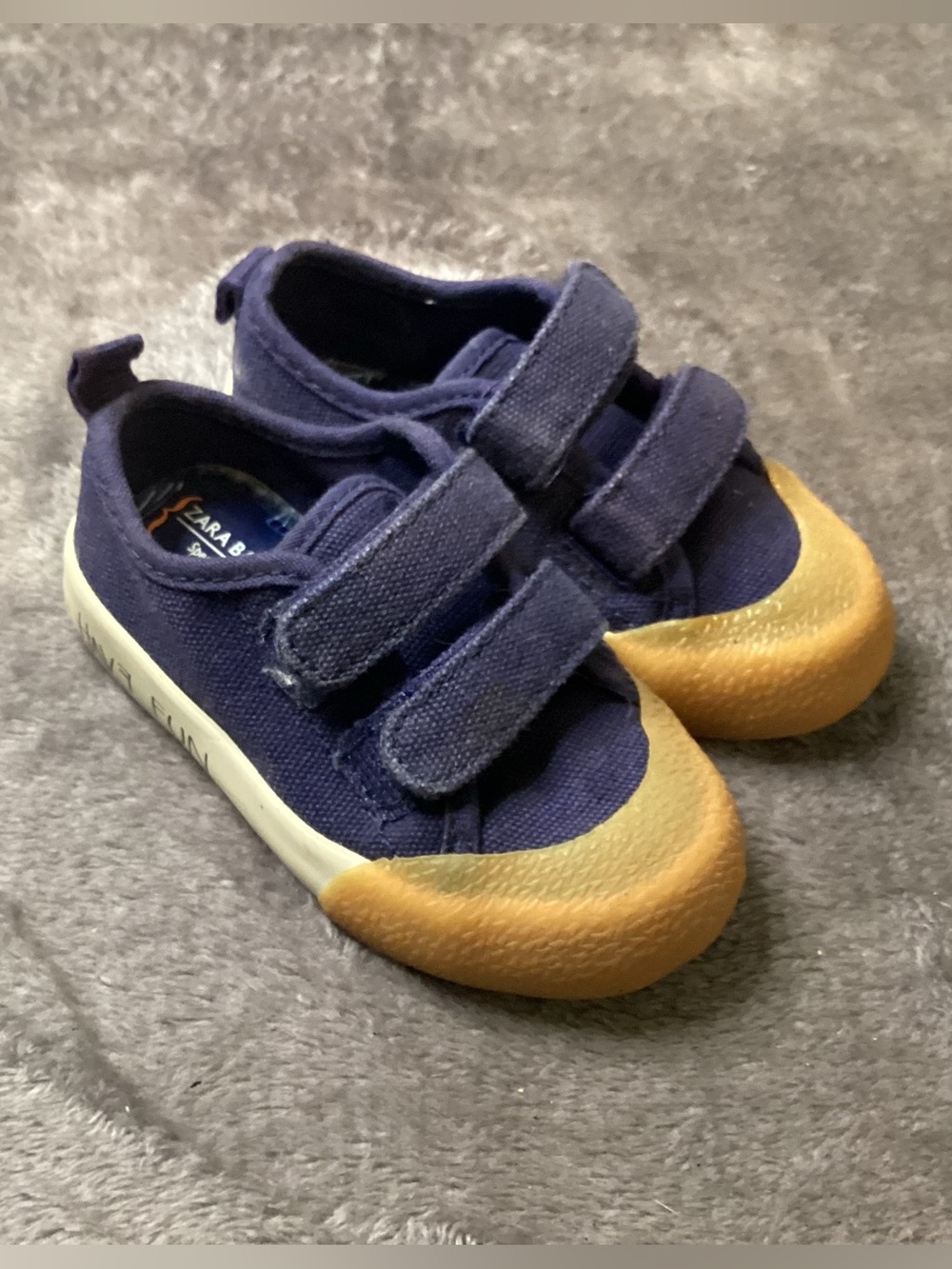 Zara Kids Navy Canvas Velcro Sneakers with Tan Rubber Toecap Accent